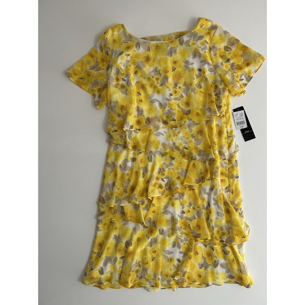 R&K Yellow & Ivory Floral Ruffle Dress NWT – Size 14